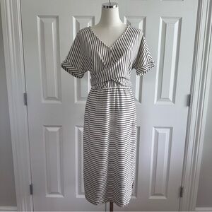 Anthropologie Black White Striped Surplice Front Tie V-Neck Midi Dress Size XS